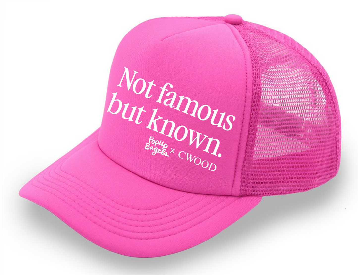 Custom Neon Pink5 Panel Foam Mesh Back Trucker Cap - PopUp Bagels X CWOOD & JAX