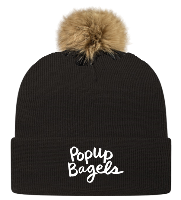 72 Black Knit Beanie w/ faux fur pom