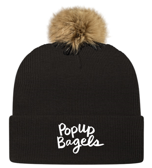 72 Black Knit Beanie w/ faux fur pom