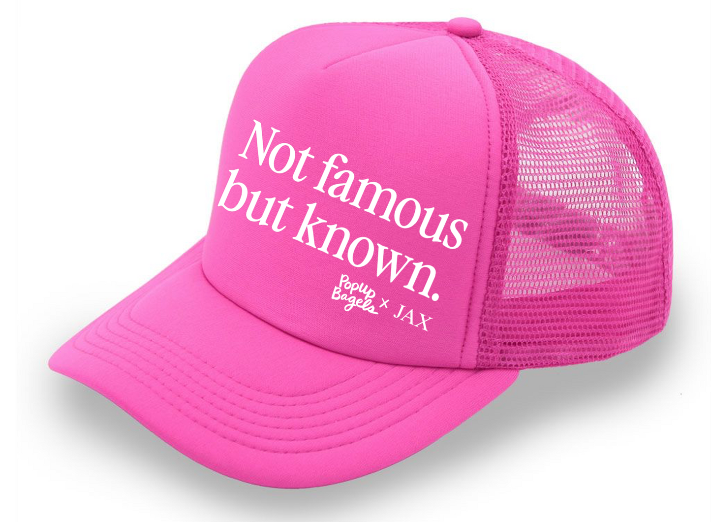 Custom Neon Pink5 Panel Foam Mesh Back Trucker Cap - PopUp Bagels X CWOOD & JAX